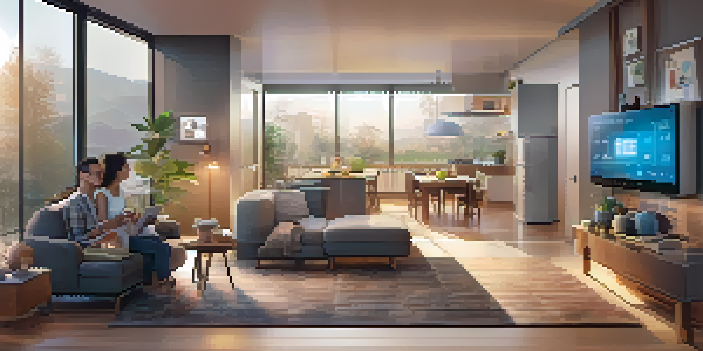 A smart home with various interconnected devices, including thermostats and lights, with a family interacting in a brightly lit room.