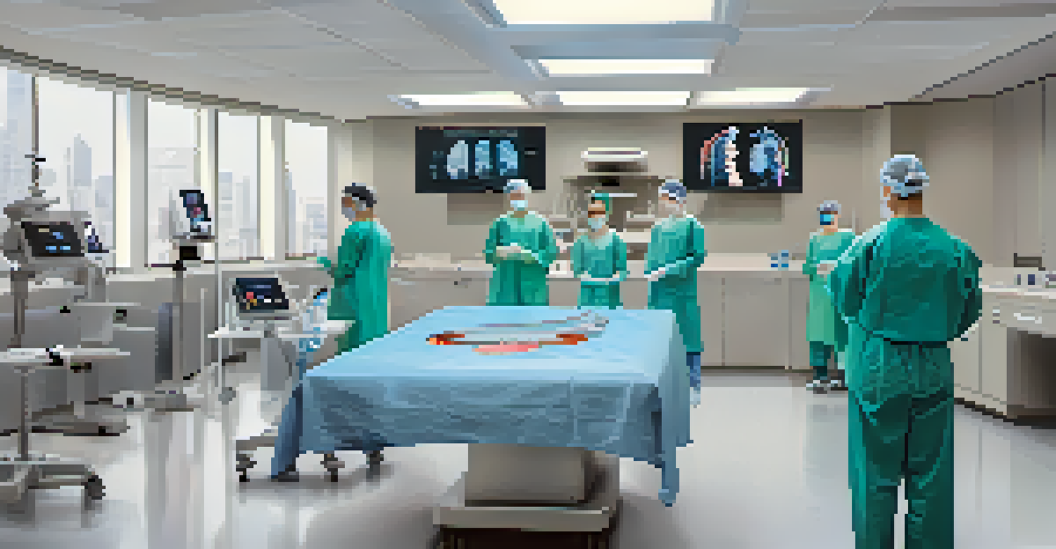 A medical student practicing surgery using augmented reality in a modern training room, with a virtual surgical field and medical tools.