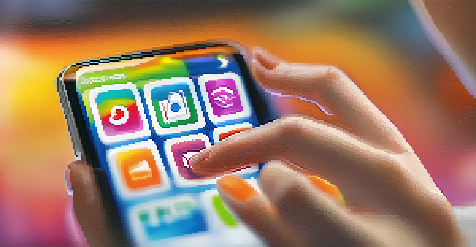 A close-up of hands tapping on a touchscreen mobile device, highlighting user interaction with a large button.