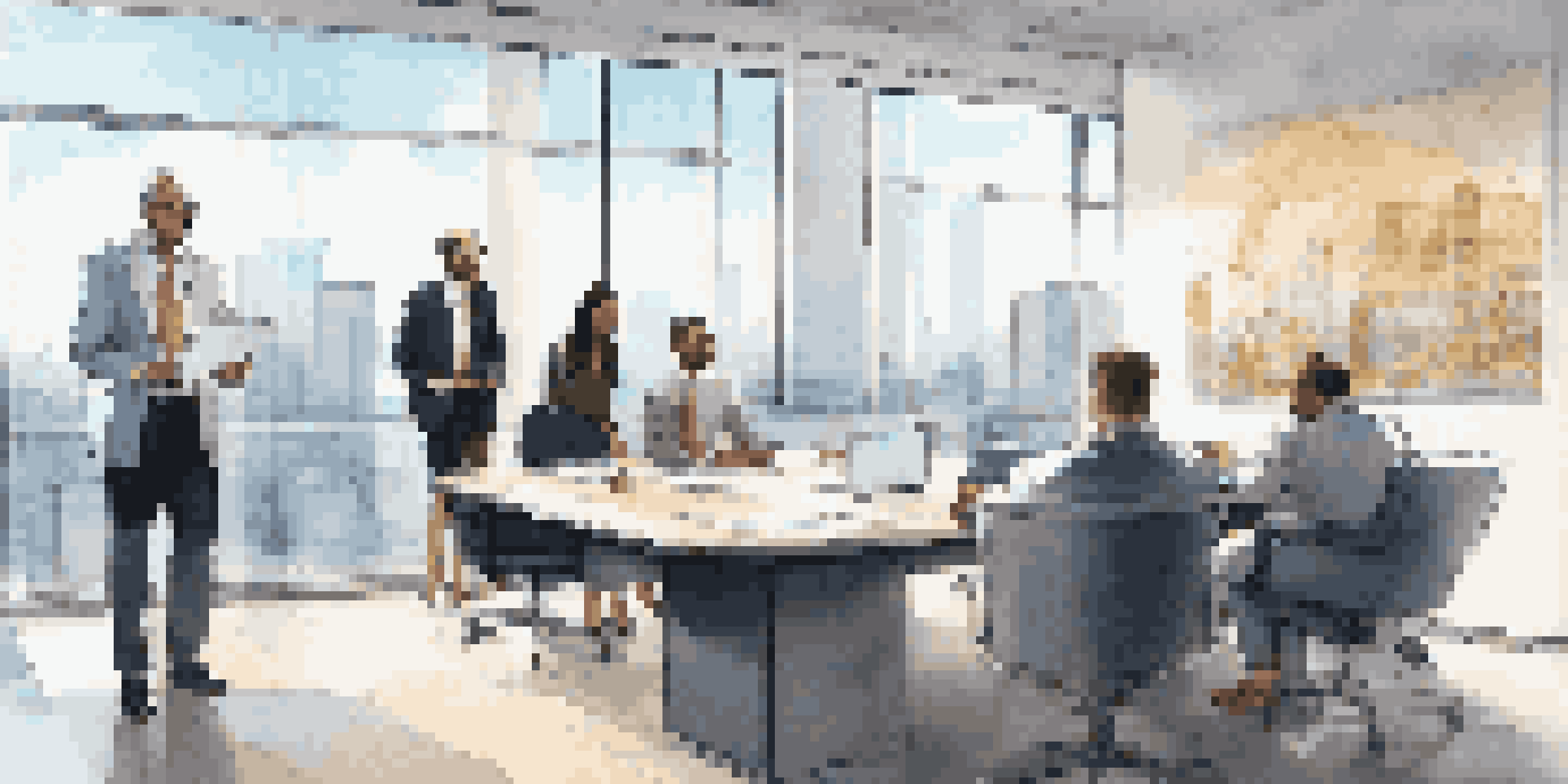 A diverse group of legal professionals collaborating in a modern office, discussing AI technology with laptops and a digital display.
