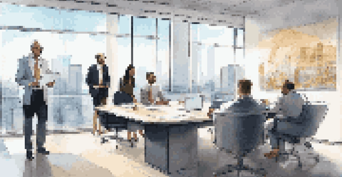 A diverse group of legal professionals collaborating in a modern office, discussing AI technology with laptops and a digital display.