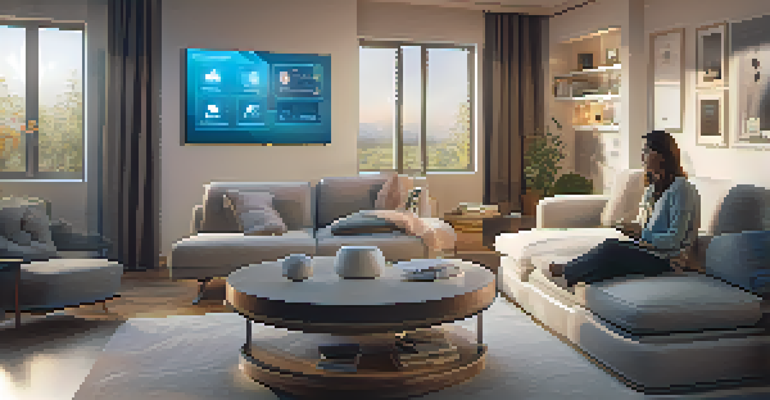 A modern living room where a person uses sign language to interact with a smart home system displayed on a screen.