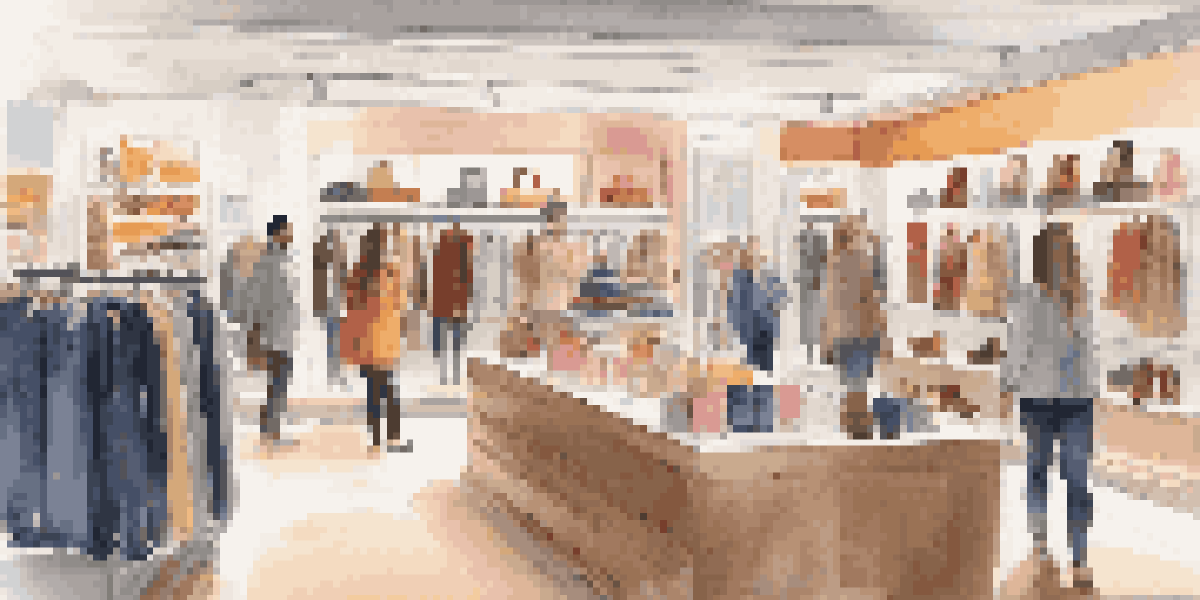 A busy retail store interior with customers browsing products and engaging with staff in a well-lit environment.