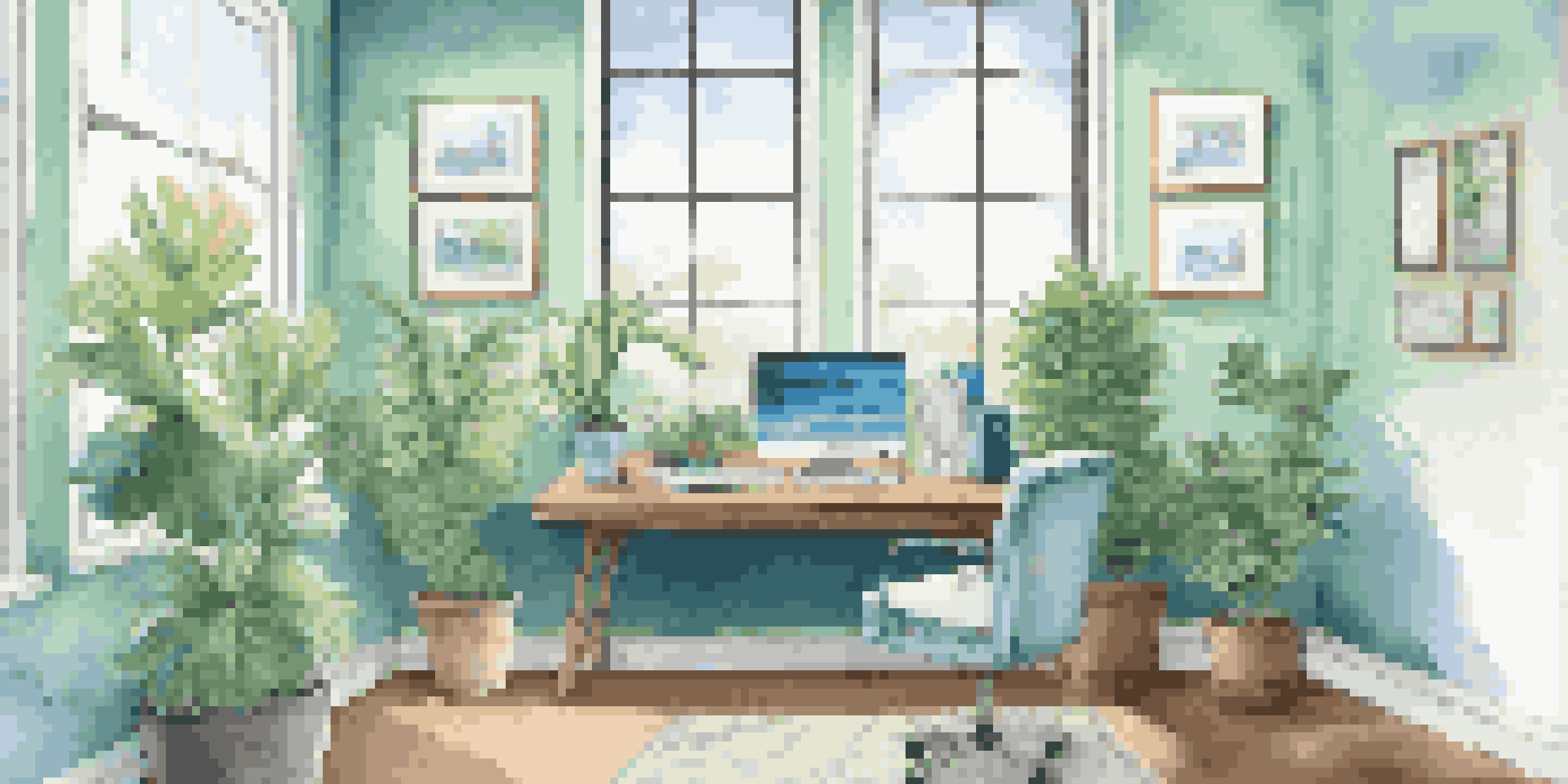 A modern office setting with a desk, computer, and natural light coming from a large window, decorated with plants and motivational quotes.