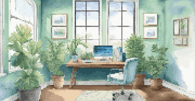 A modern office setting with a desk, computer, and natural light coming from a large window, decorated with plants and motivational quotes.