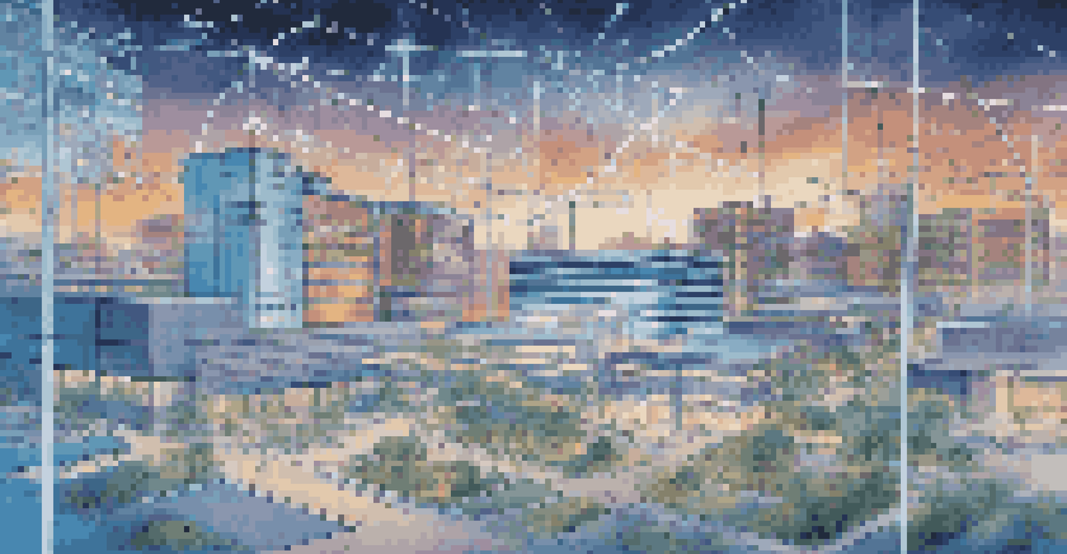 An illustration of interconnected healthcare systems with hospitals and clinics linked by glowing lines representing data exchange.