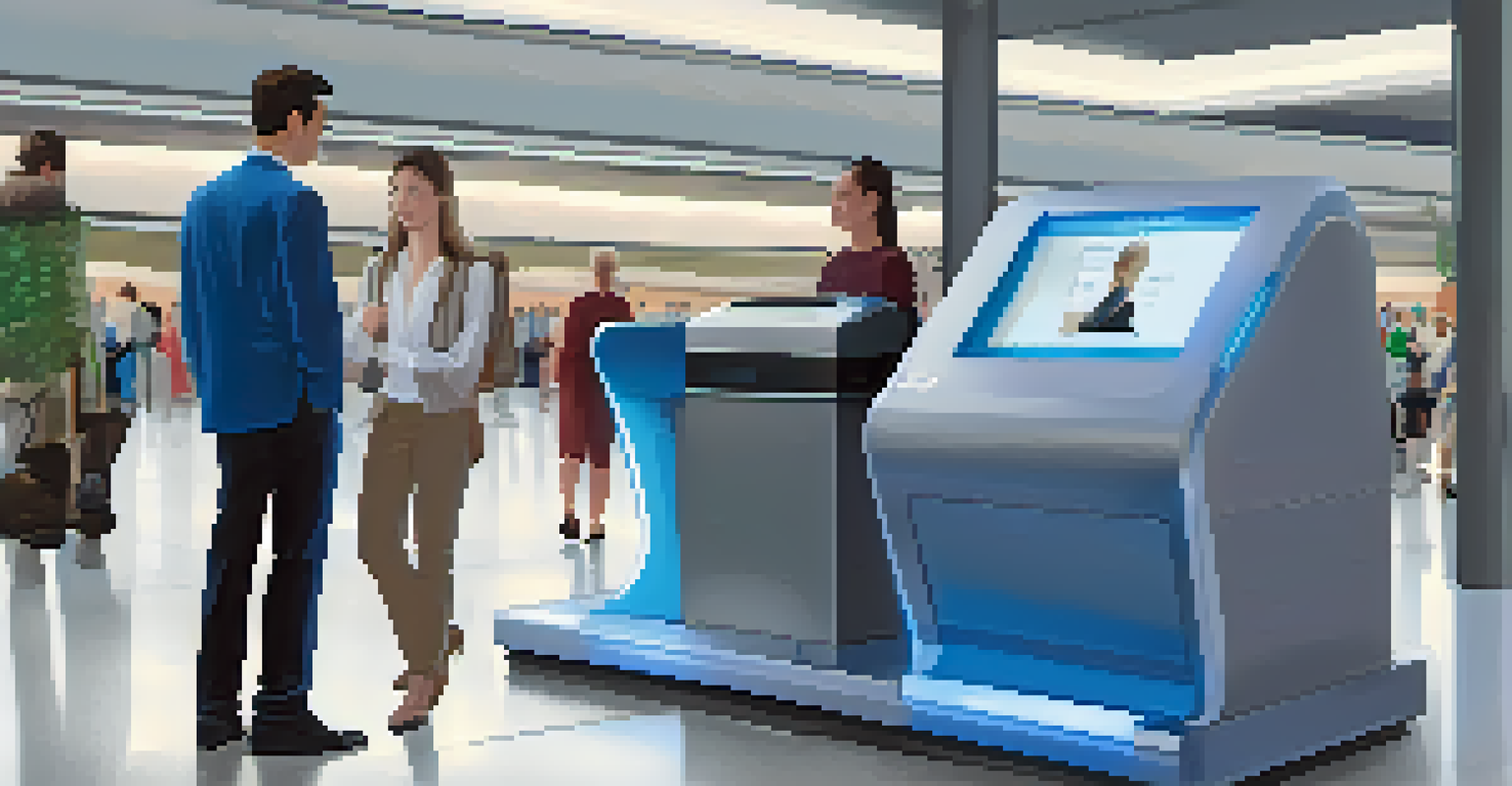 Modern iris scanning device in an airport, with a passenger approaching, surrounded by travelers.