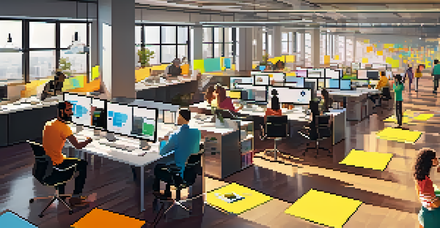 An overhead view of a modern office workspace with team members collaborating on low-code development, filled with creativity and teamwork.