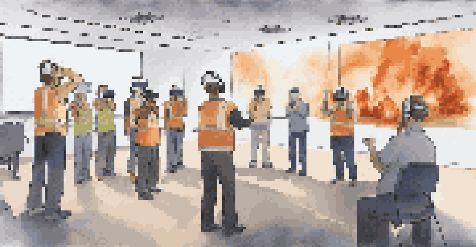An instructor leading a VR disaster preparedness training workshop for volunteers, with participants using VR headsets.
