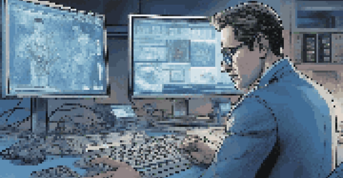 A digital forensic investigator focused on a computer screen displaying data recovery software, surrounded by tools in a modern, well-lit environment.