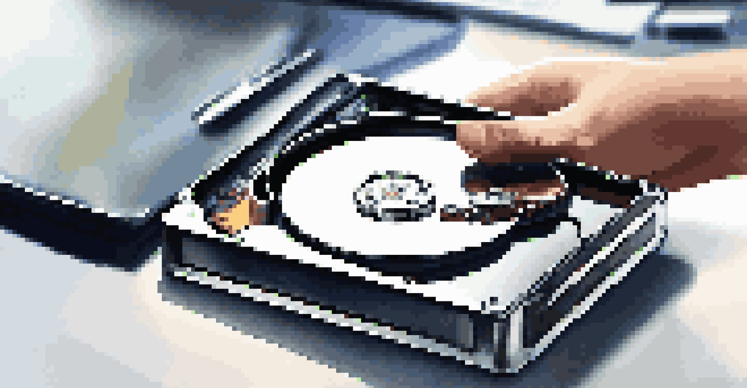 A close-up of a hand holding a shiny external hard drive in a modern office setting.