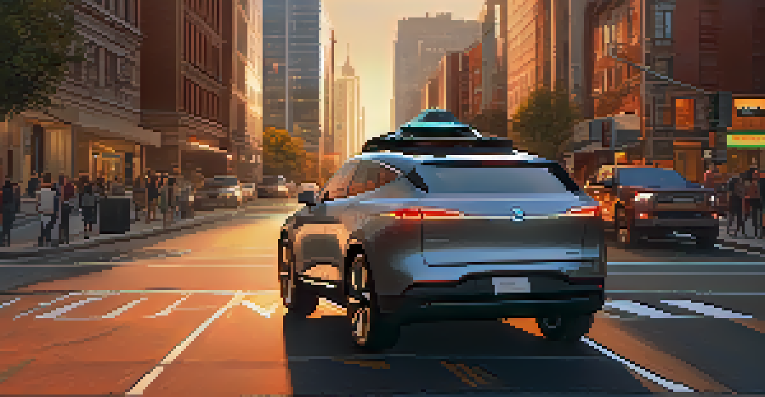 An autonomous vehicle on a busy urban street with glowing data lines and a sunset skyline.