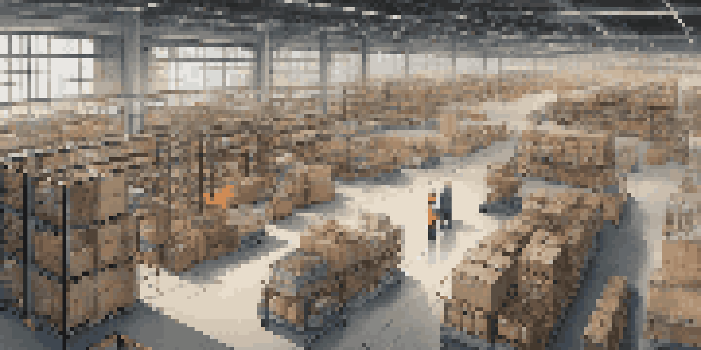 A modern warehouse filled with workers using digital tools to manage inventory, with shelves of products and natural light coming through windows.