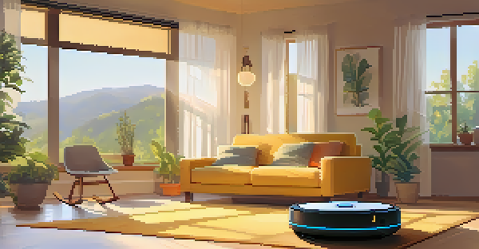 A living room with smart home devices and a robotic vacuum cleaner, set in a cozy and warmly lit environment.