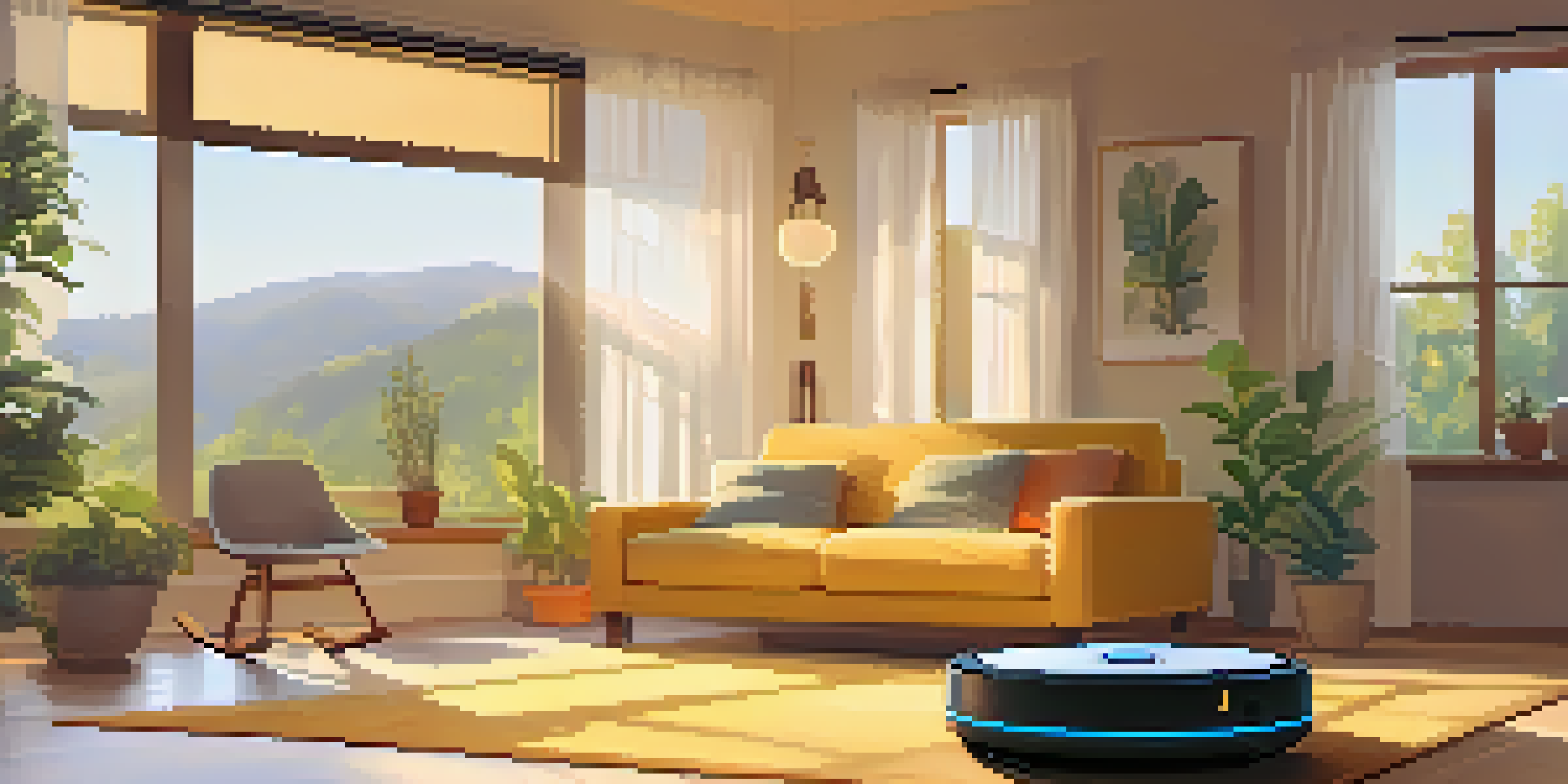 A living room with smart home devices and a robotic vacuum cleaner, set in a cozy and warmly lit environment.