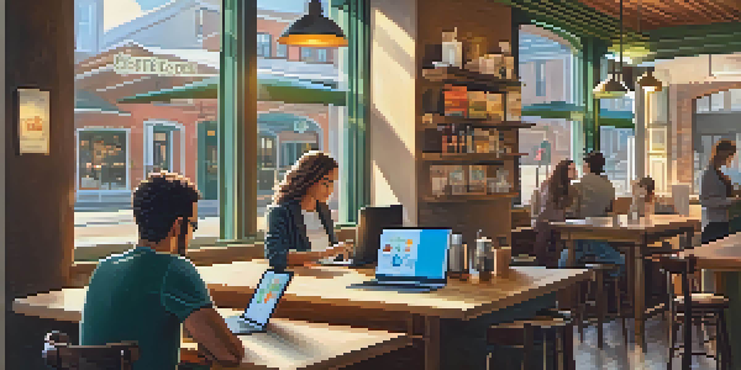 A person working on a laptop in a coffee shop with a tablet beside them, warm lighting, and a vibrant coffee bar in the background.