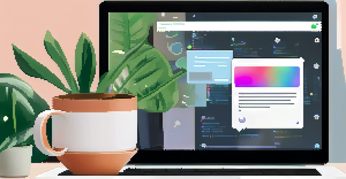 A modern chatbot interface on a laptop in a cozy home office, featuring conversation bubbles and a cup of coffee.