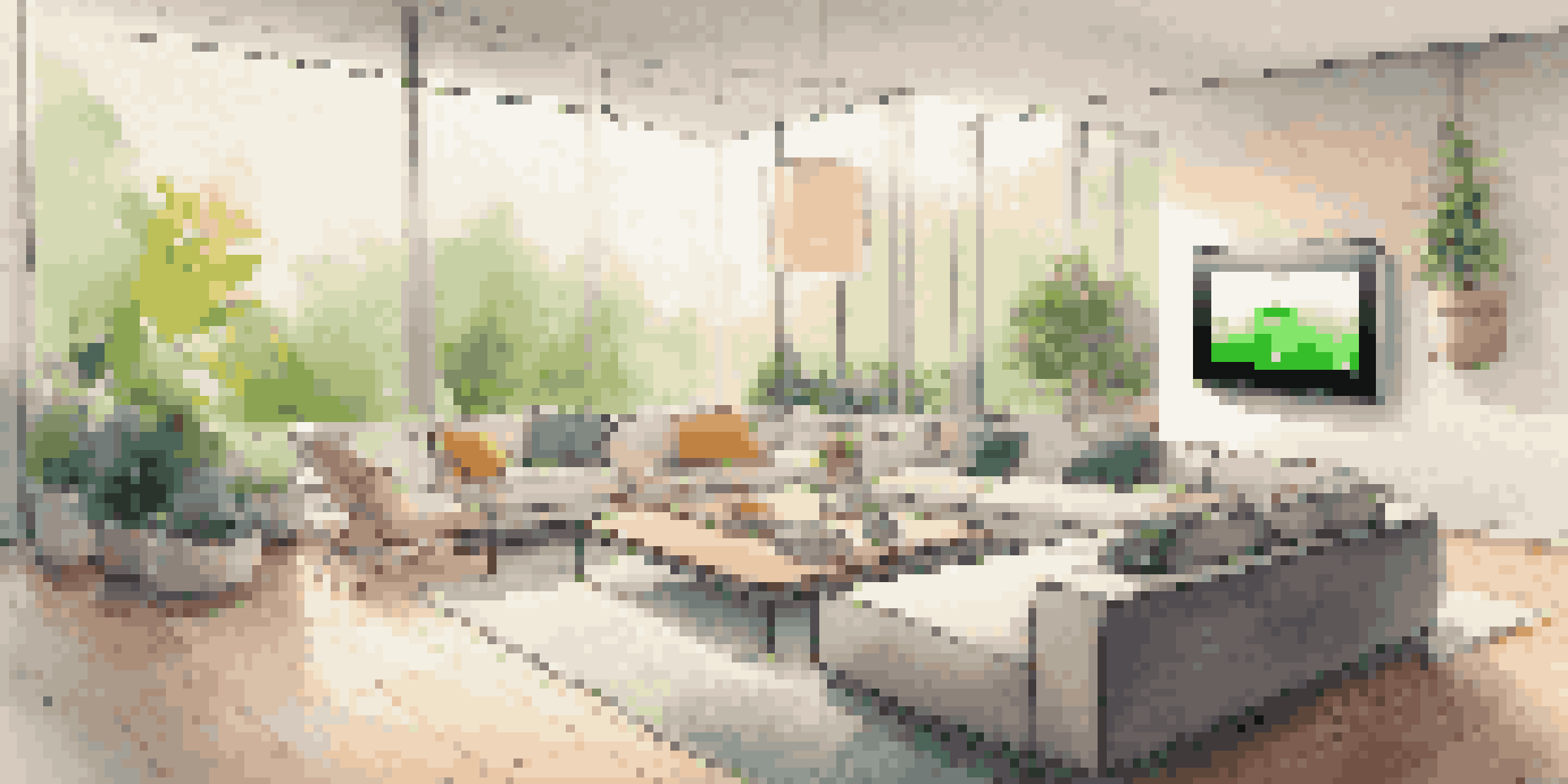 A cozy modern living room with a smart thermostat on the wall, large windows, and a view of a green garden outside.