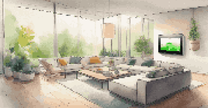 A cozy modern living room with a smart thermostat on the wall, large windows, and a view of a green garden outside.