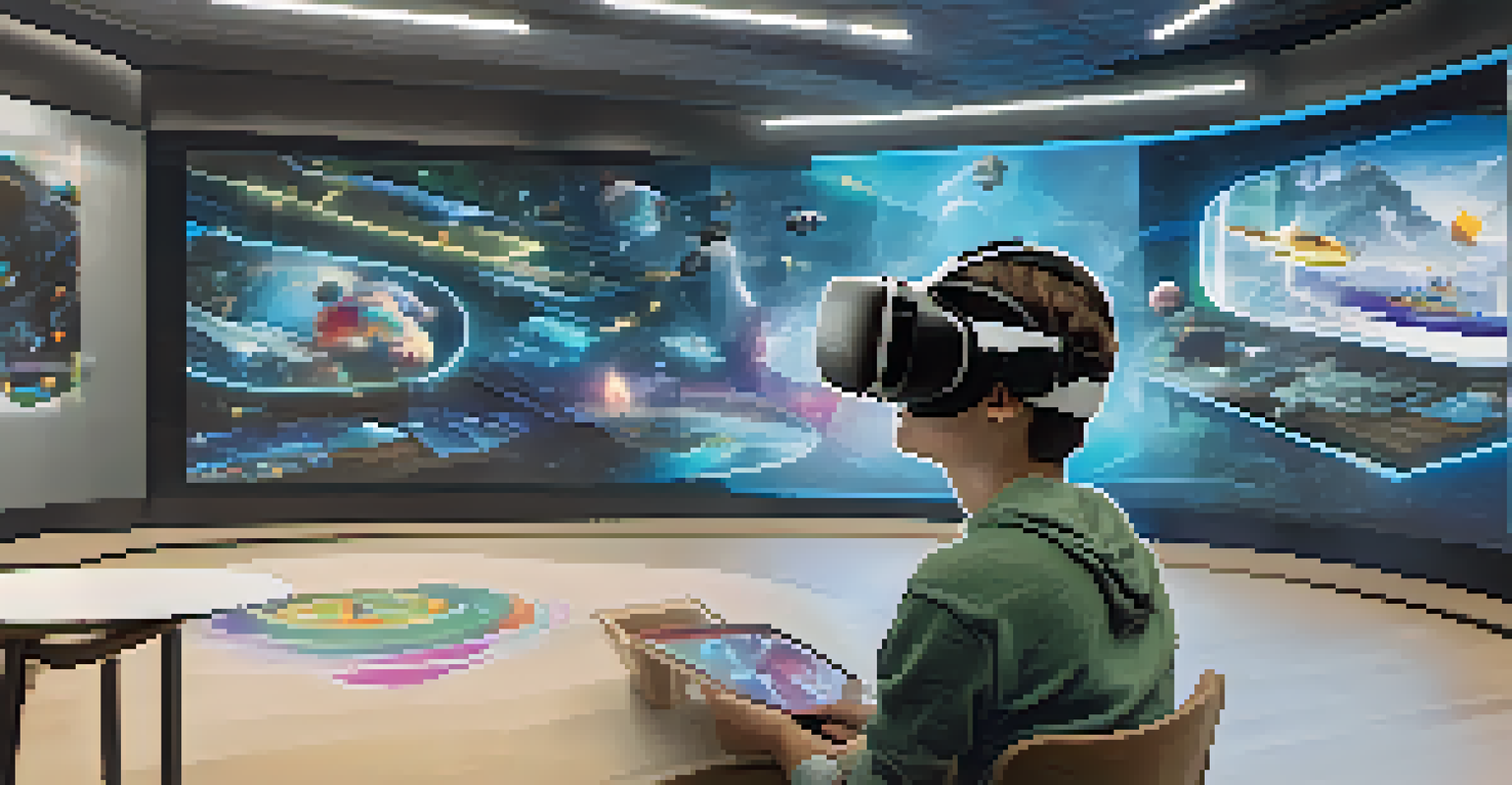 A student immersed in virtual reality technology in a modern classroom, surrounded by engaging educational graphics and tools.