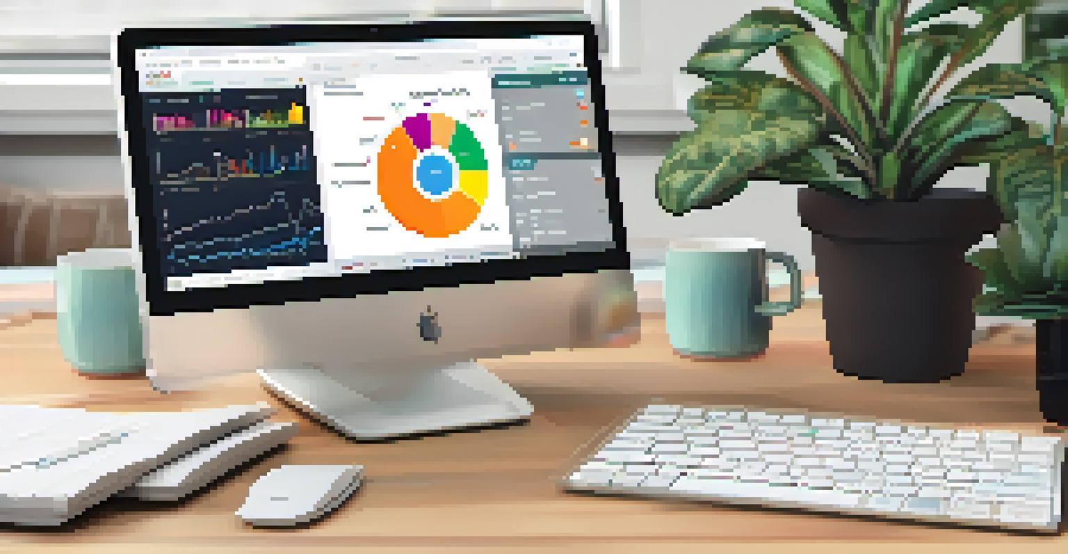 A close-up of a laptop showing a SaaS dashboard with colorful charts in a cozy workspace.