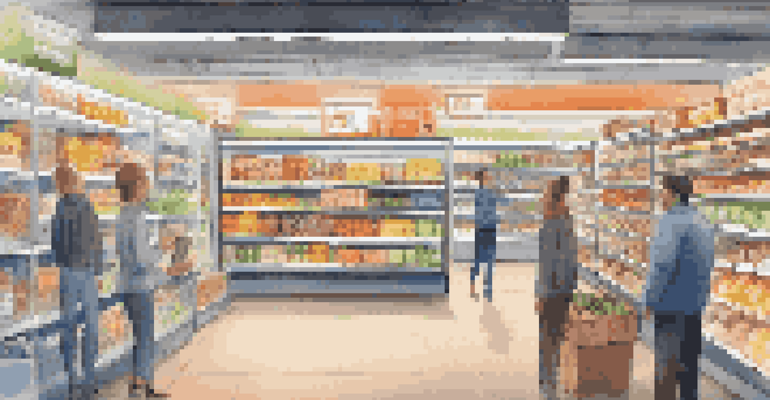 A grocery store with smart shelves and staff analyzing inventory data using tablets, showcasing AI technology.