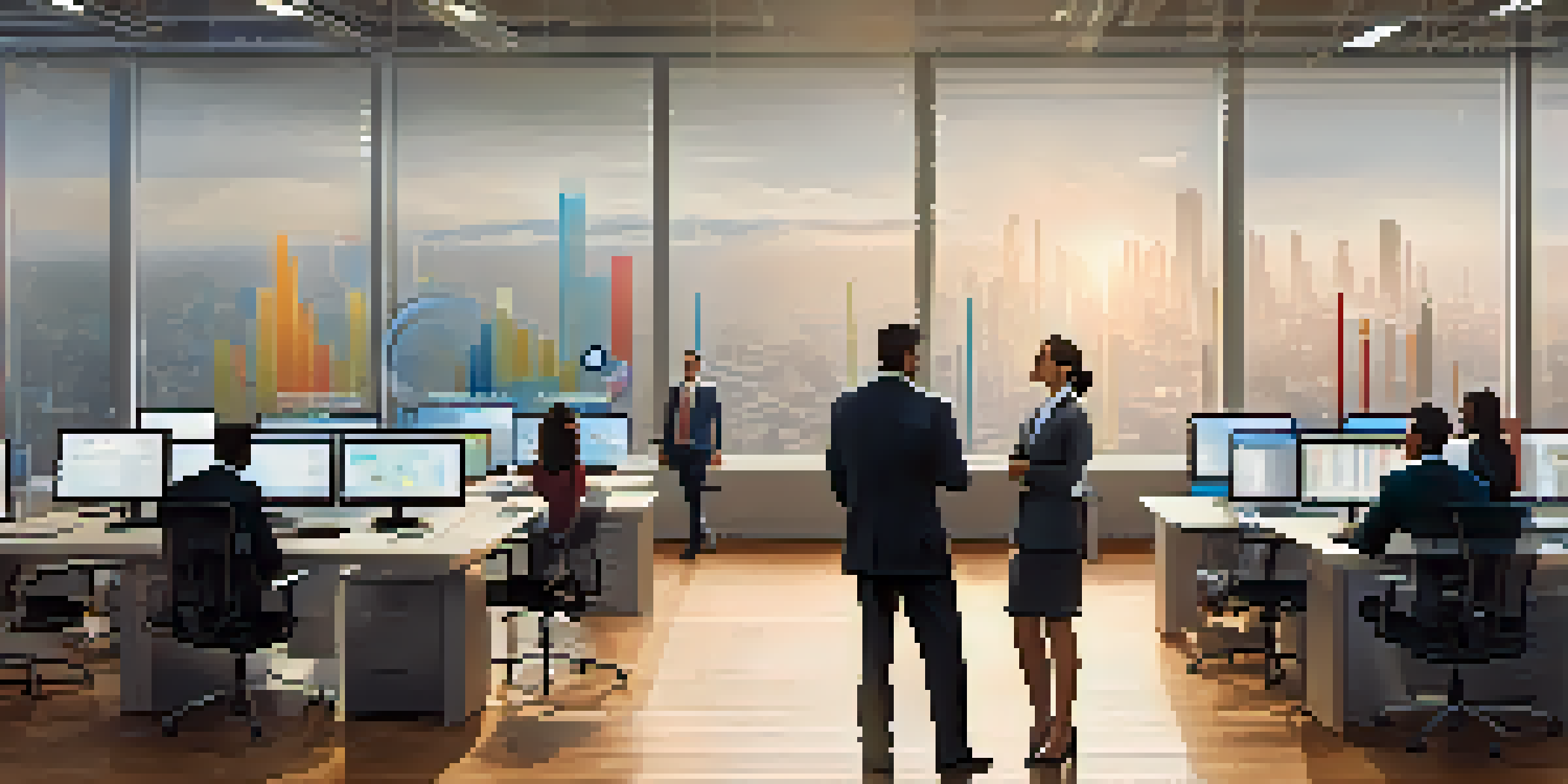 A modern financial office with professionals discussing AI-driven data analytics displayed on large screens, illuminated by natural sunlight.