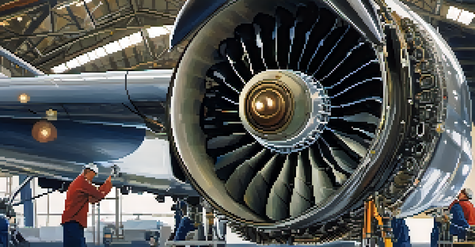 A technician inspecting an aircraft engine in a well-lit hangar, highlighting safety gear and tools.