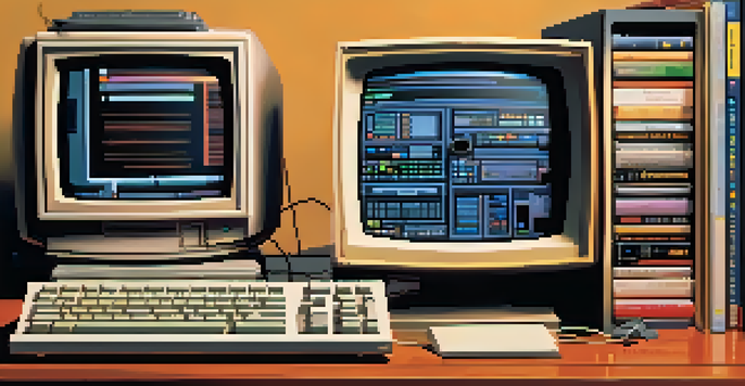 A vintage computer with a command line interface on a CRT monitor, surrounded by floppy disks and an old keyboard in a warmly lit room.