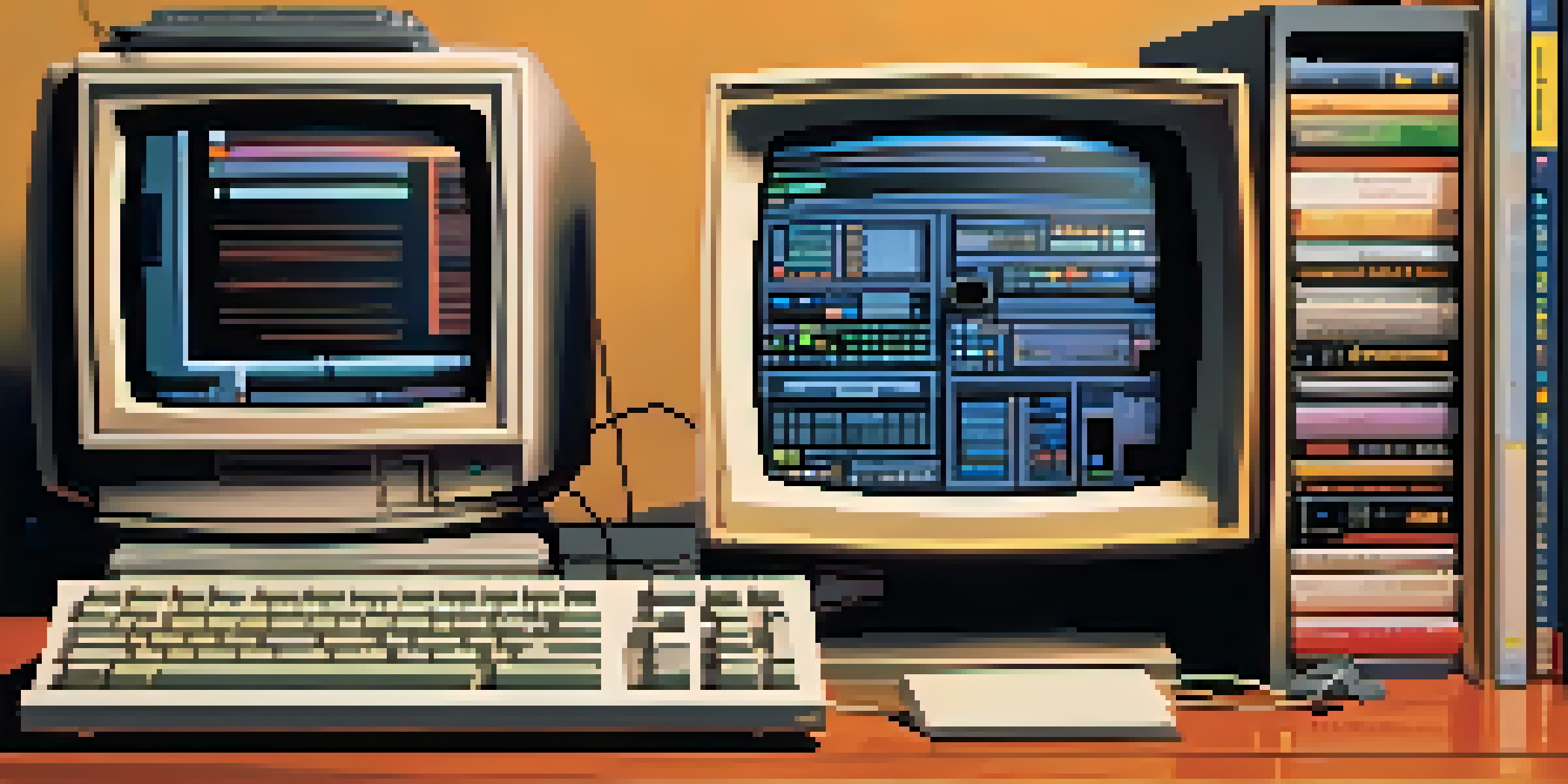 A vintage computer with a command line interface on a CRT monitor, surrounded by floppy disks and an old keyboard in a warmly lit room.