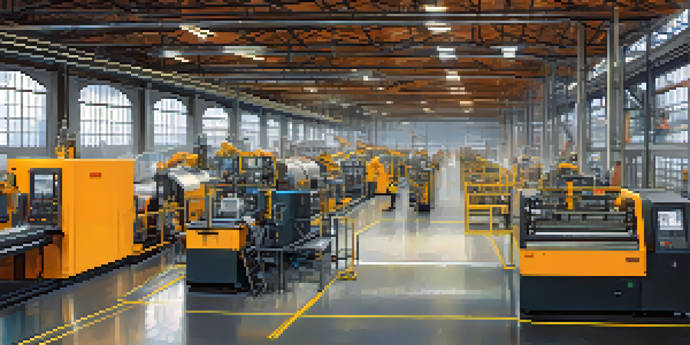 An industrial factory floor with advanced machinery and workers engaged in maintenance, featuring digital screens displaying predictive maintenance metrics.