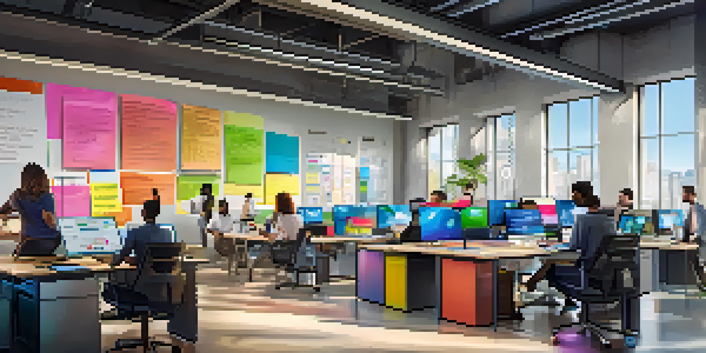 A diverse group of employees collaborating in a modern office workspace, surrounded by laptops and colorful sticky notes, with natural light streaming in.