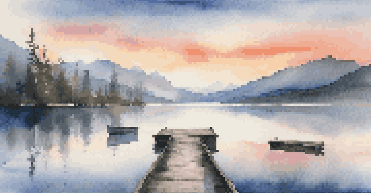 A tranquil lake at sunrise with mountains in the background, reflecting the colorful sky and a wooden dock extending into the water.