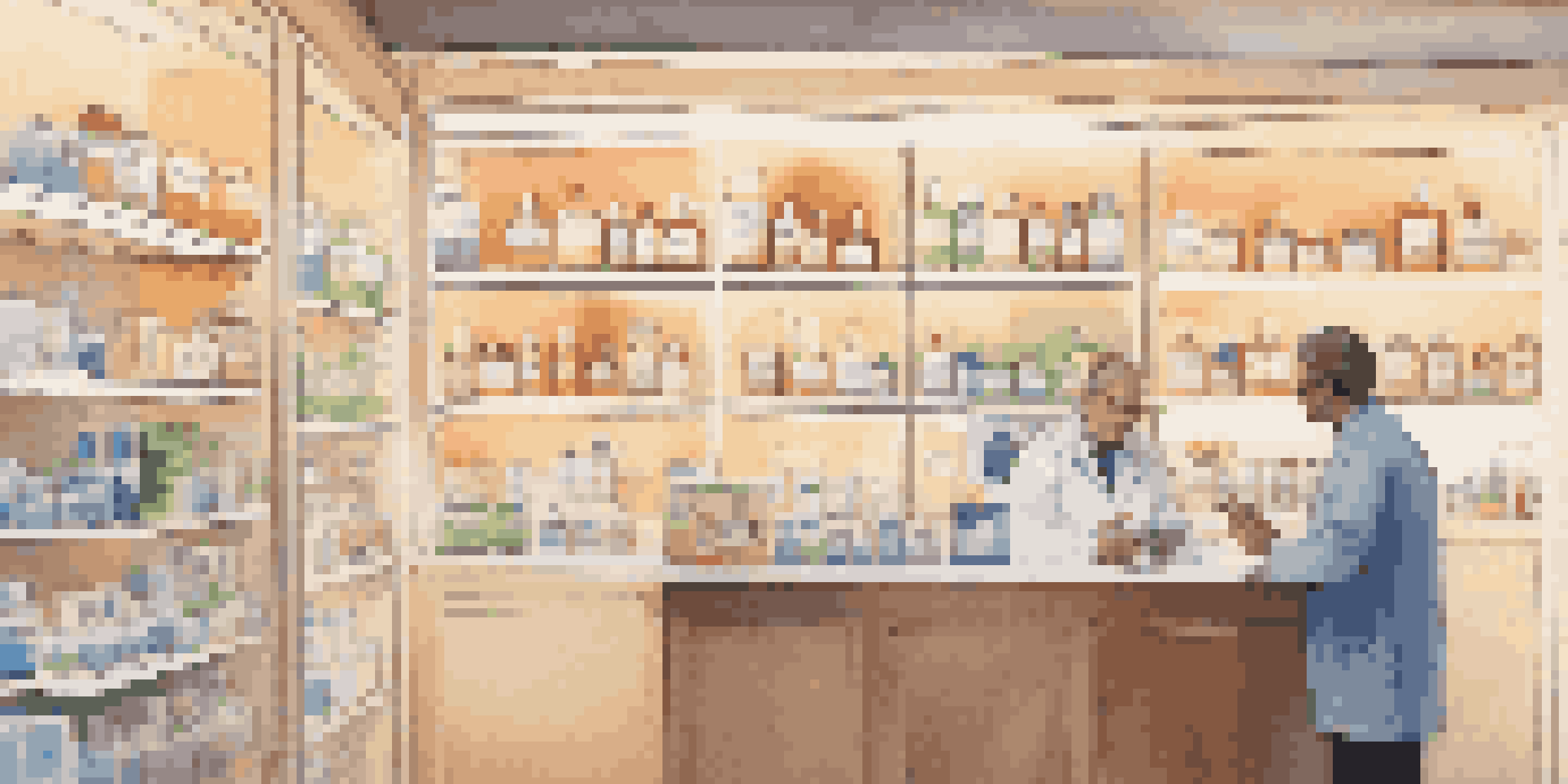 A pharmacist interacting with a patient in a well-lit pharmacy, with personalized health information displayed on a digital screen.