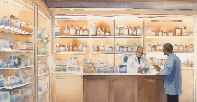 A pharmacist interacting with a patient in a well-lit pharmacy, with personalized health information displayed on a digital screen.