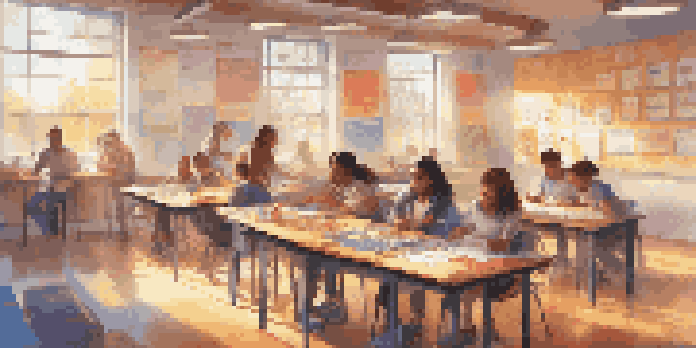 A lively classroom filled with students actively participating in gamified learning. They are collaborating around a table with tablets, under warm sunlight, surrounded by colorful decorations.