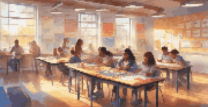 A lively classroom filled with students actively participating in gamified learning. They are collaborating around a table with tablets, under warm sunlight, surrounded by colorful decorations.