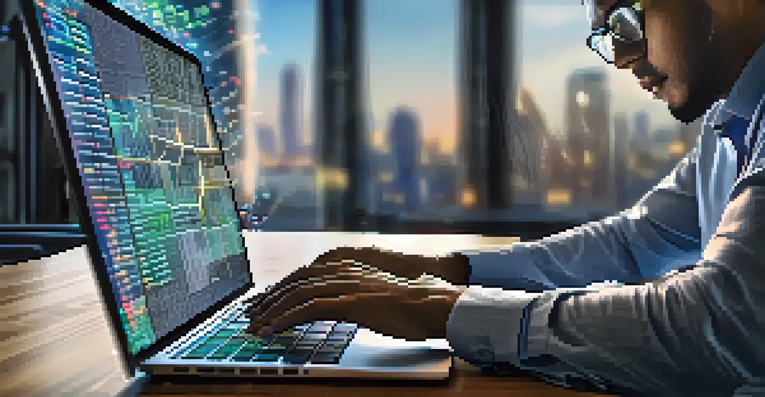 Close-up of a data scientist working on a laptop with data visualizations in a modern office.