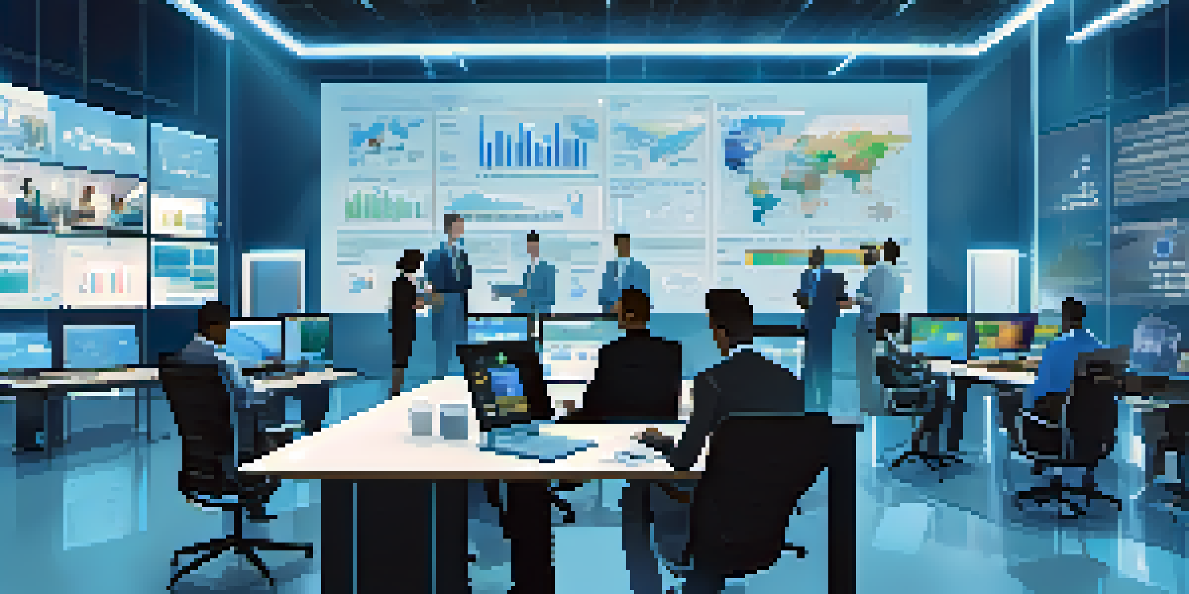 A diverse group of professionals in a modern office discussing data privacy with graphs and security alerts on a large screen.