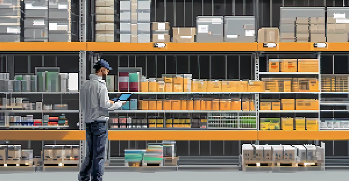 A modern warehouse with smart shelves and a worker using a tablet to monitor inventory.