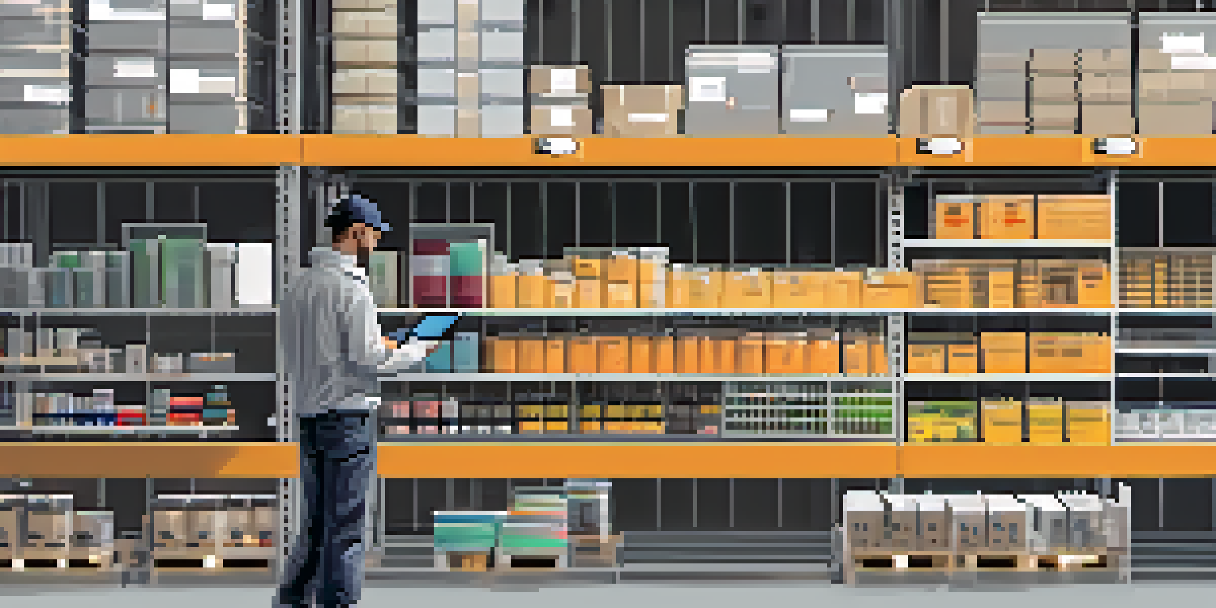 A modern warehouse with smart shelves and a worker using a tablet to monitor inventory.