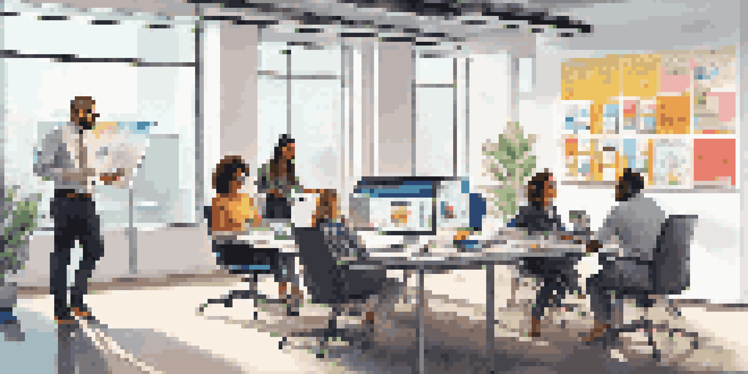 A bright office environment with diverse marketing professionals collaborating at a conference table, surrounded by digital marketing tools and inspirational posters.
