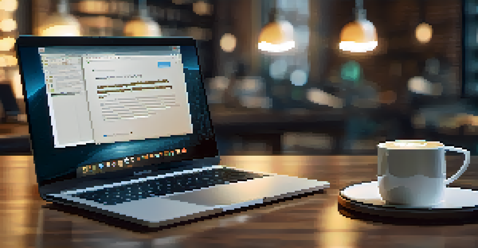 A close-up of a hand typing on a laptop with code on the screen and a coffee cup beside it, in a cozy workspace.