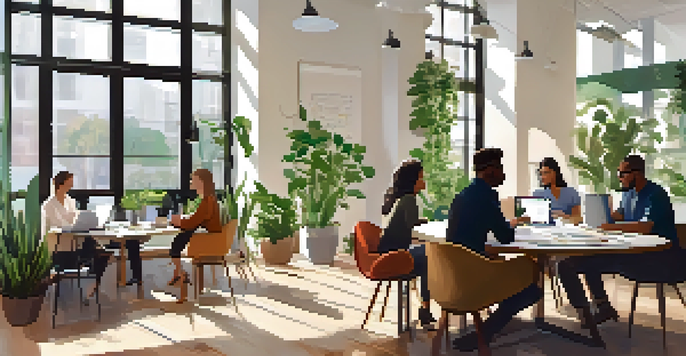 A diverse group of professionals in a bright office setting, collaboratively discussing user research around a round table filled with notebooks and laptops.