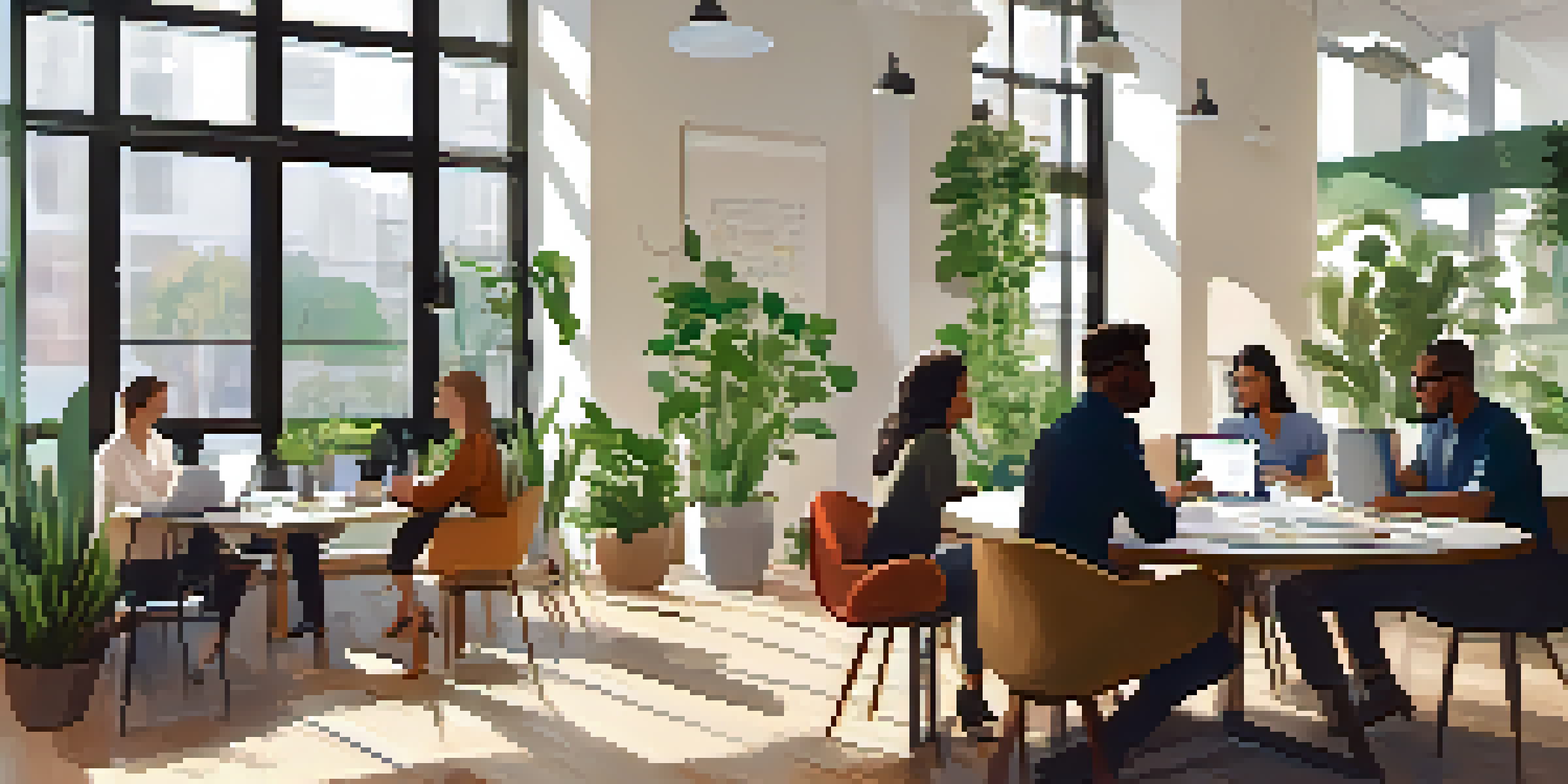 A diverse group of professionals in a bright office setting, collaboratively discussing user research around a round table filled with notebooks and laptops.