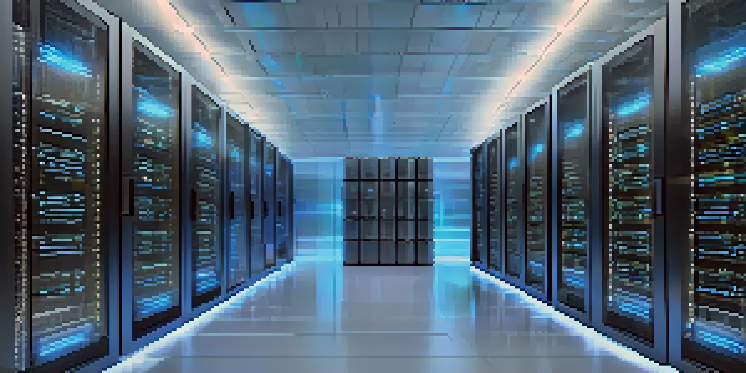 A high-tech cloud data center with rows of servers illuminated by blue and white lights, showcasing an organized and secure environment.