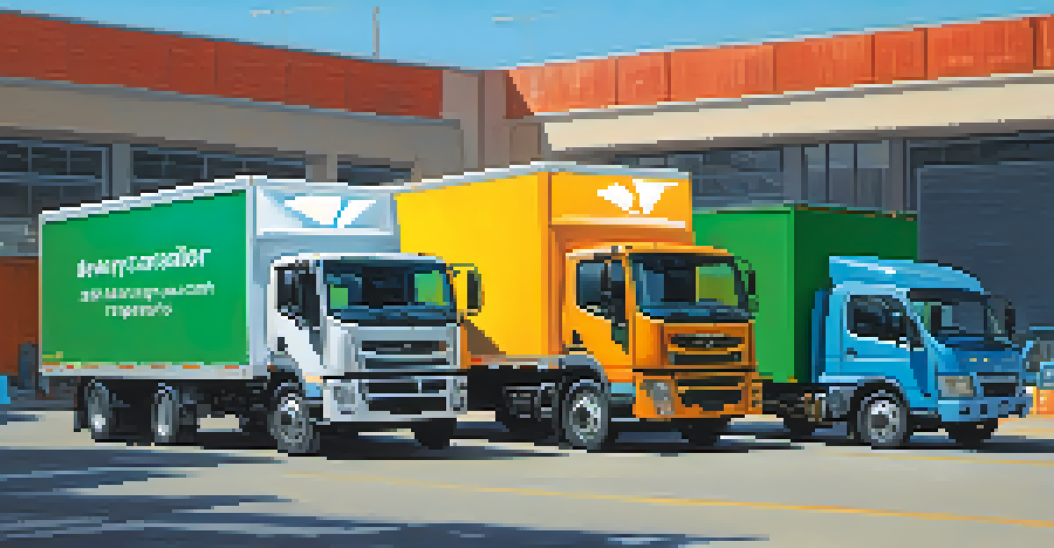 Delivery trucks parked in front of a distribution center, equipped with GPS devices.