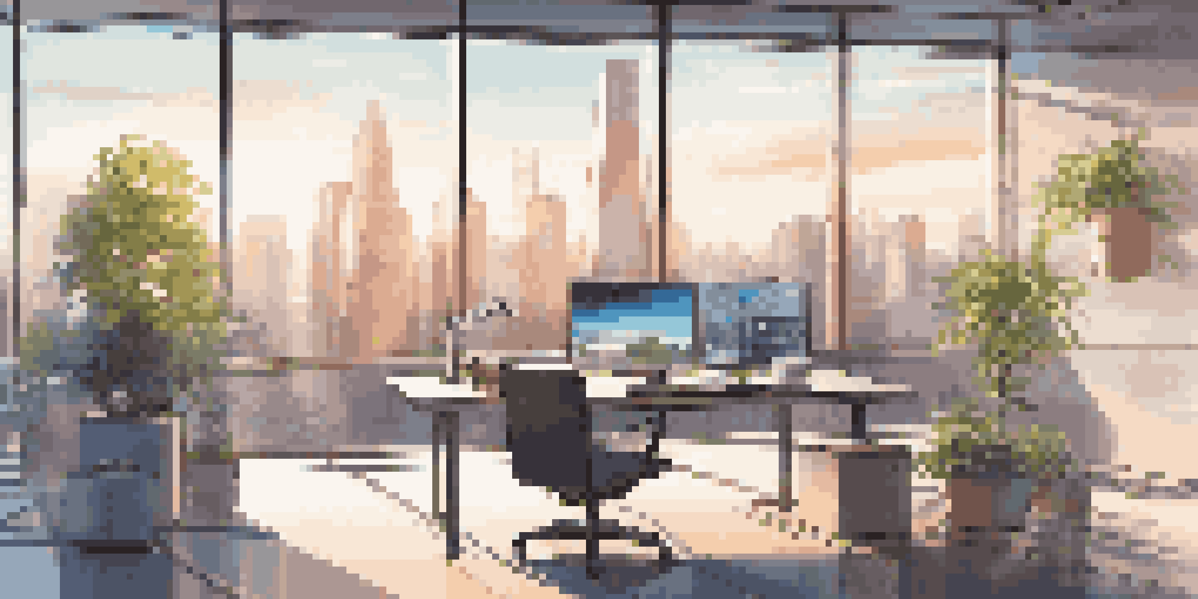 A modern office with a skyline view, showcasing a desk with a computer, sunlight streaming in, and a potted plant.