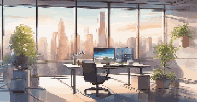 A modern office with a skyline view, showcasing a desk with a computer, sunlight streaming in, and a potted plant.