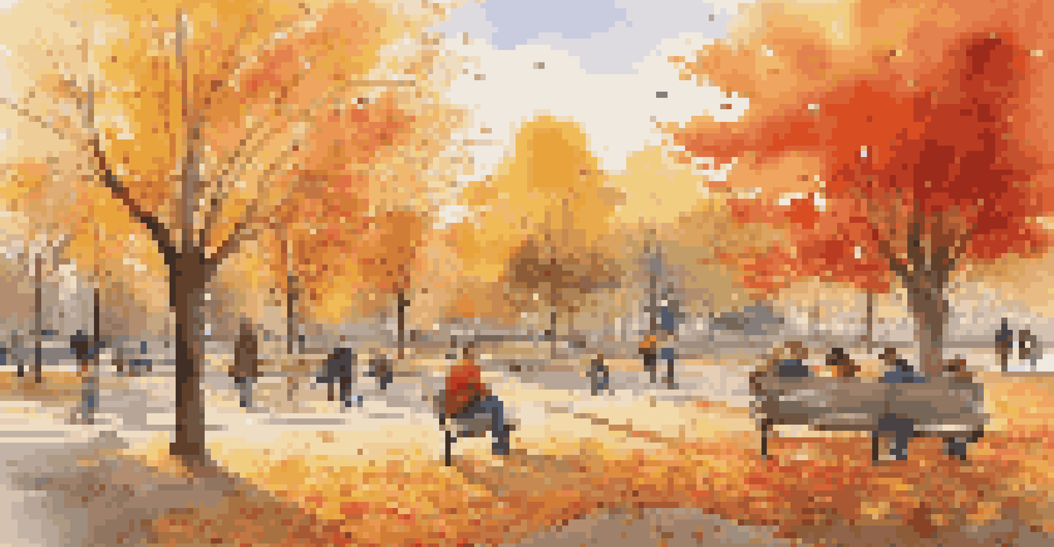 An urban park in autumn with colorful leaves, people enjoying the scenery, and a golden sunset in the background.